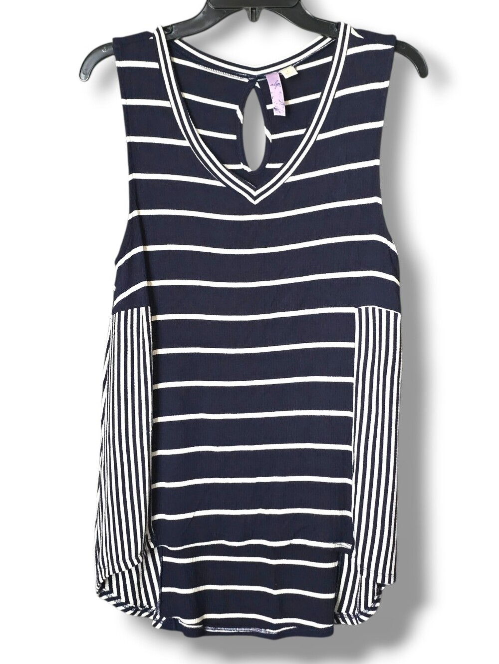 Alya Navy Blue and White Striped V-Neck Tank Top - Size Large